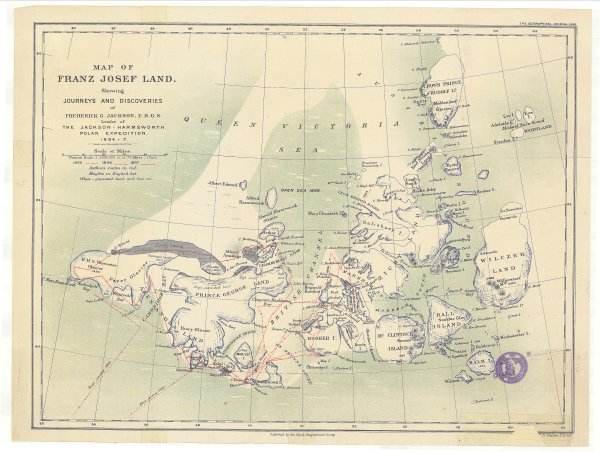 Colour map of Franz Josef Land showing Frederick Jackson’s journeys and discoveries, published in 1898.
