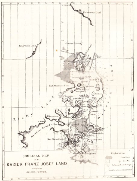 Black-and-white map of Franz Josef Land attributed to Julius Payer, circa 1874.
